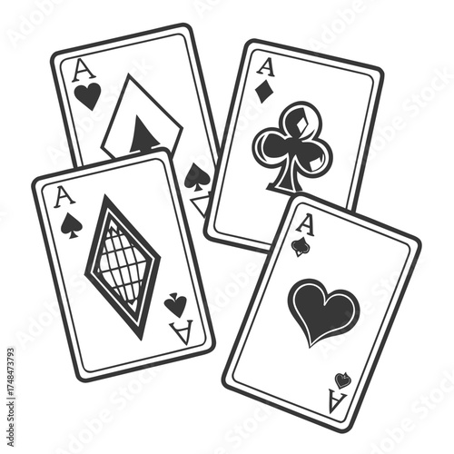 Four black ace playing cards with suits ace of hearts