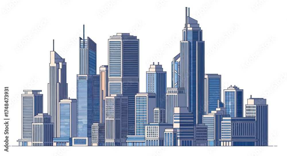 Fototapeta premium Modern Cityscape with Skyscrapers and High-Rise Buildings Against a White Background.