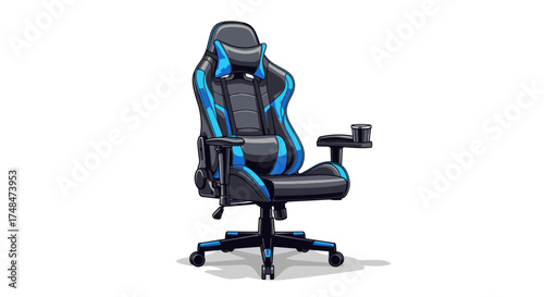Ergonomic Black and Blue Gaming Chair with Cup Holder.