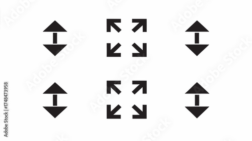 Illustration of arrows pointing up and down and arrows pointing inward in a symmetrical arrangement | editable eps vectors silhouette