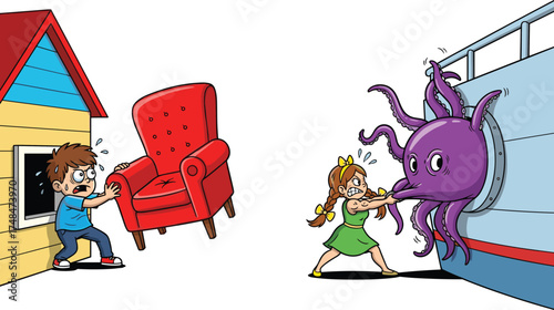 hildren fantasy adventure, boy stopping floating chair, girl fighting octopus, imagination, creativity, whimsical play, childhood emotions, surreal cartoon, problem solving, action