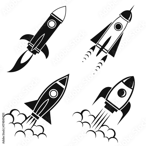Four black silhouette rocket designs launching space