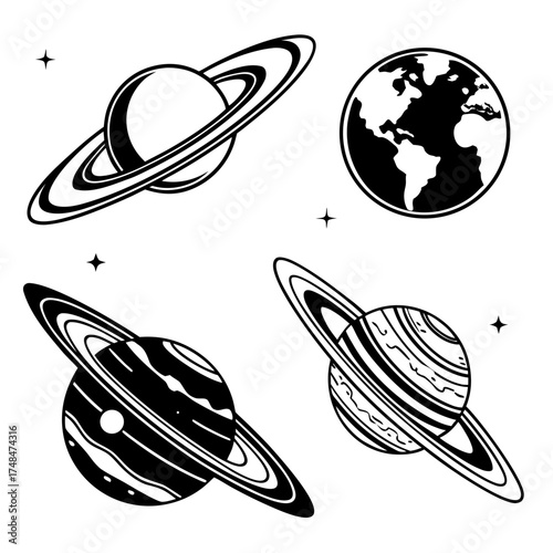 Four black silhouette vector designs of planets and stars 4