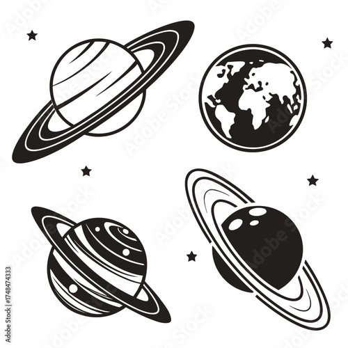 Four black silhouette vector designs of planets and stars