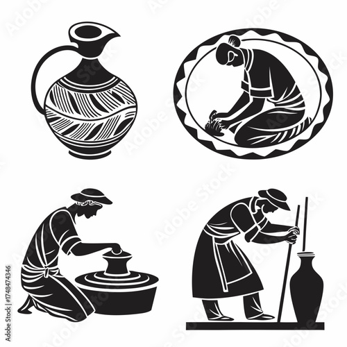 Four black silhouette vector designs of pottery making