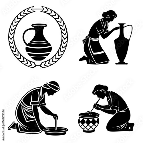 Four black silhouette vector designs of pottery making 2