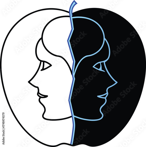 Symbolic yin yang dualism abstract art representing duality and balance through two faces