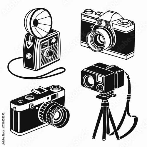 Four black silhouette vector designs of retro cameras 2
