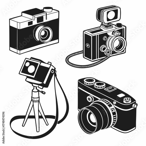 Four black silhouette vector designs of retro cameras 1