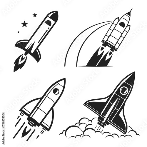 Four black silhouette vector designs of rockets launching