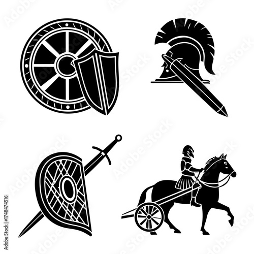 Four black silhouette vector designs of Roman icons 1