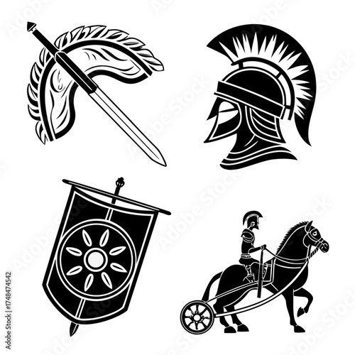 Four black silhouette vector designs of Roman icons