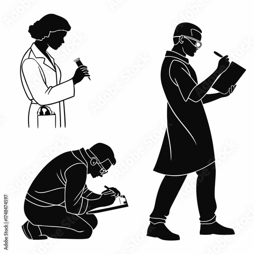 Four black silhouette vector designs of scientists