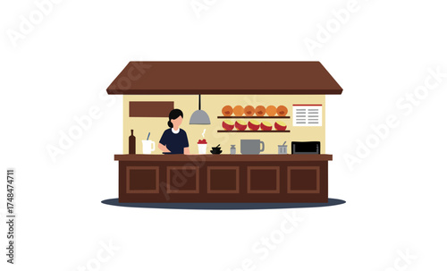 A female vendor stands behind the counter of a small food stall or coffee shop, depicted in a flat vector illustration style.