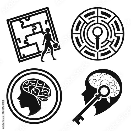 Four black silhouette vector designs problem solving concepts
