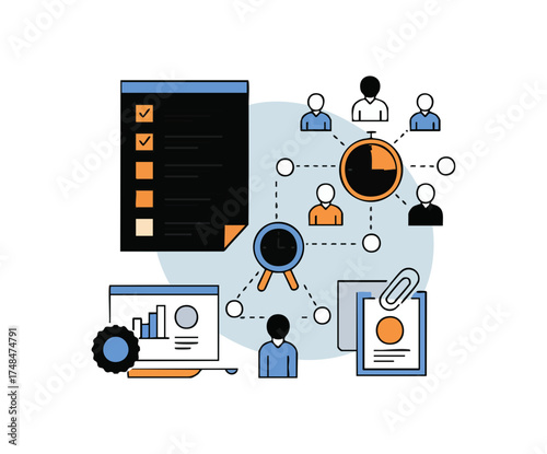 Illustration depicting project management, teamwork, and time efficiency with various elements.
