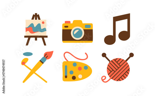 A collection of six flat icons representing various creative hobbies and artistic pursuits.