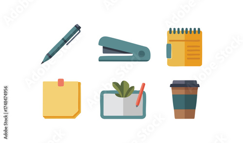 A set of six flat design vector icons representing common office and study supplies on a white background.