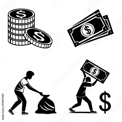 Black silhouette icons of money and people coins dollar