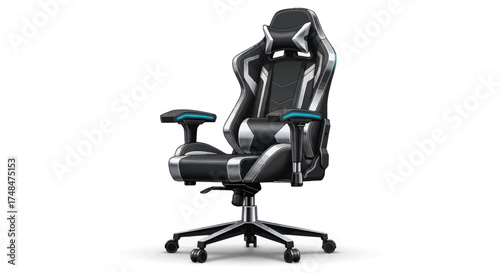 Ergonomic Black and Silver Gaming Chair with Teal Accents.