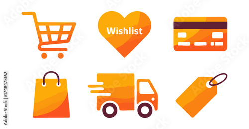 A set of six orange e-commerce icons for online shopping, payment, and delivery.
