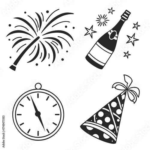 Black silhouette vector designs of fireworks champagne bottle clock and party hat