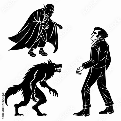 Black silhouette vector designs of vampire werewolf and man