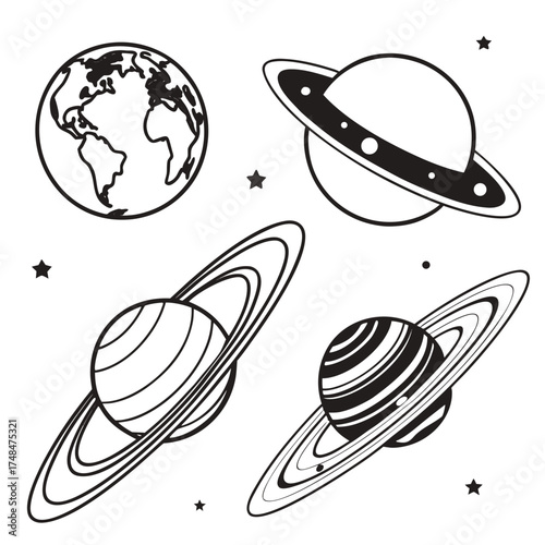 Black silhouette vector designs of planets and stars