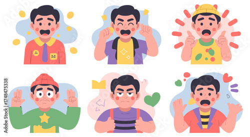 A collection of a cartoon man with a mustache showing a range of different emotions and facial expressions.