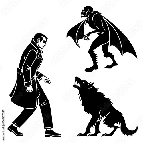 Black silhouettes of vampire werewolf and winged creature