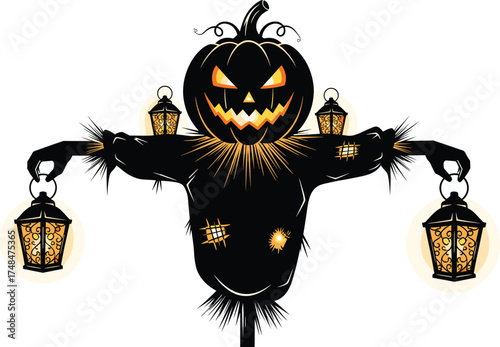 Halloween scarecrow with glowing pumpkin head, spooky jack o lantern holding lanterns, scary autumn night decoration, dark horror vector illustration