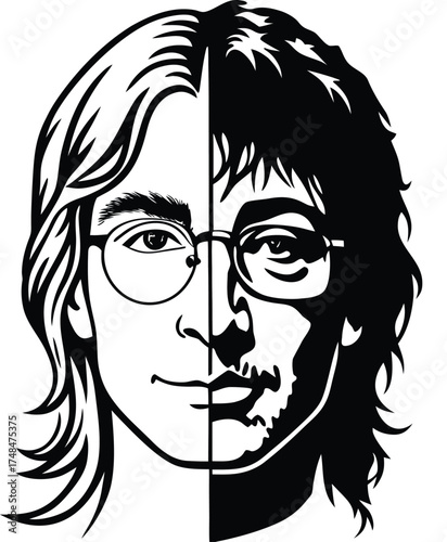 Iconic split portrait of a famous musician with glasses artistic face art