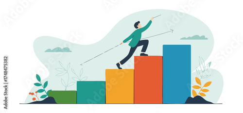 Conceptual illustration of personal development and career progression, showing a man ascending a colorful bar chart.