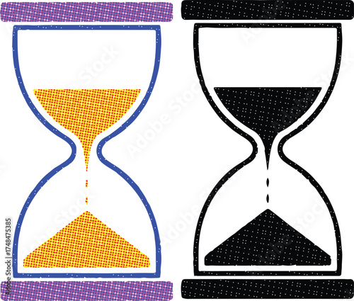 Colorful and black hourglasses with falling sand time measurement. Halftone design.