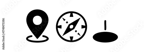 Location pin, compass and push pin icons in black and white.