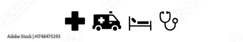 A set of four black medical and healthcare icons: a cross, an ambulance, a hospital bed, and a stethoscope.