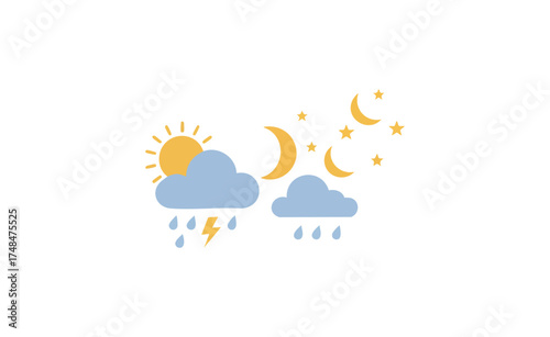 Illustration of a weather forecast showing a transition from a stormy day with sun and rain to a cloudy night with rain and crescent moons.