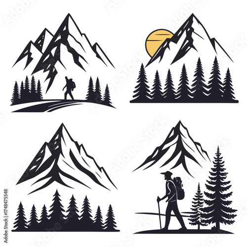 Four black silhouette mountain and hiker vector designs