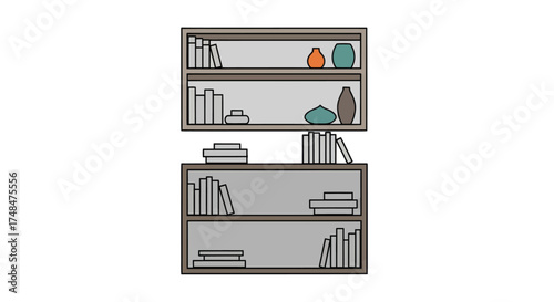 Two gray bookshelves filled with books and decorative vases.