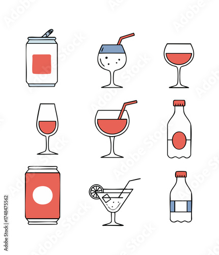 A collection of nine minimalist line art icons depicting various beverages like soda, wine, and cocktails.