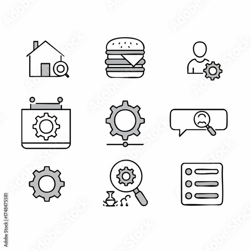 A collection of nine line art icons representing various concepts including search, settings, and user profiles.