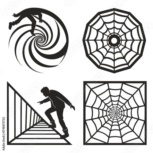 Four black silhouette optical illusion designs white