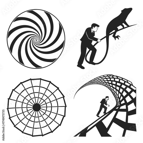 Four black silhouette optical illusions with figures