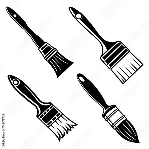 Four black silhouette paint brushes on white background