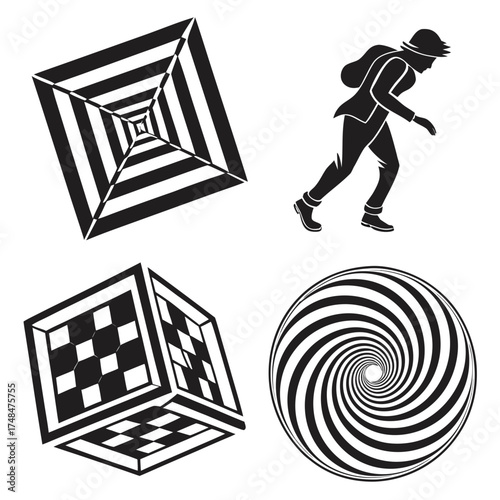 Four black silhouette optical illusion designs optical design