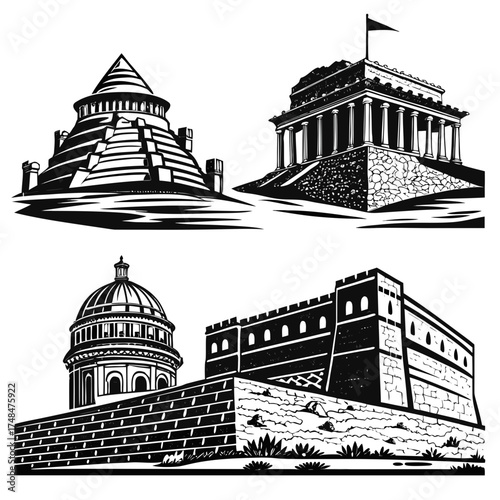 Four black silhouette vector designs of historical monuments