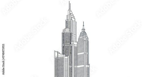 Detailed Sketch of a Tall Multi-Tiered Skyscraper with Ornate Architectural Features.