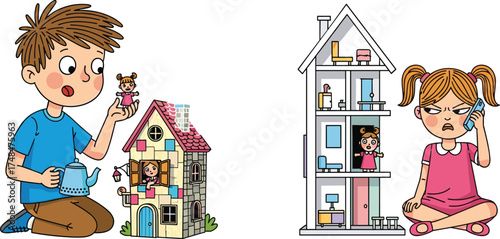 hildren playing with dollhouse, boy watering toy house, girl upset with phone, creative play, childhood emotions, imagination, pretend activity
