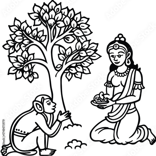 Traditional indian art scene depicting a monkey offering fruit to a woman under a tree