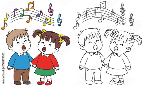 Happy Kids Singing with Musical Notes - Vector Illustration for Children's Choir and Music Education